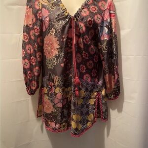 Johnny Was Silk Tunic Top Floral Print  Tassel Small Gray/Pink EUC